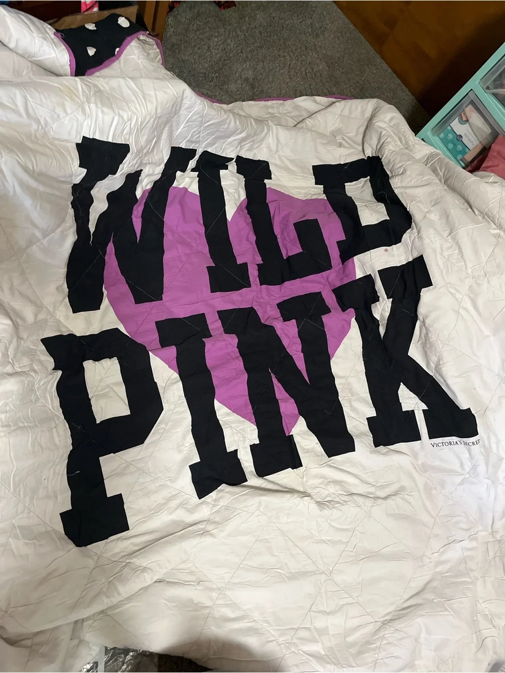 Victoria's Secret White Comforter with Black Lettering and Pink Heart